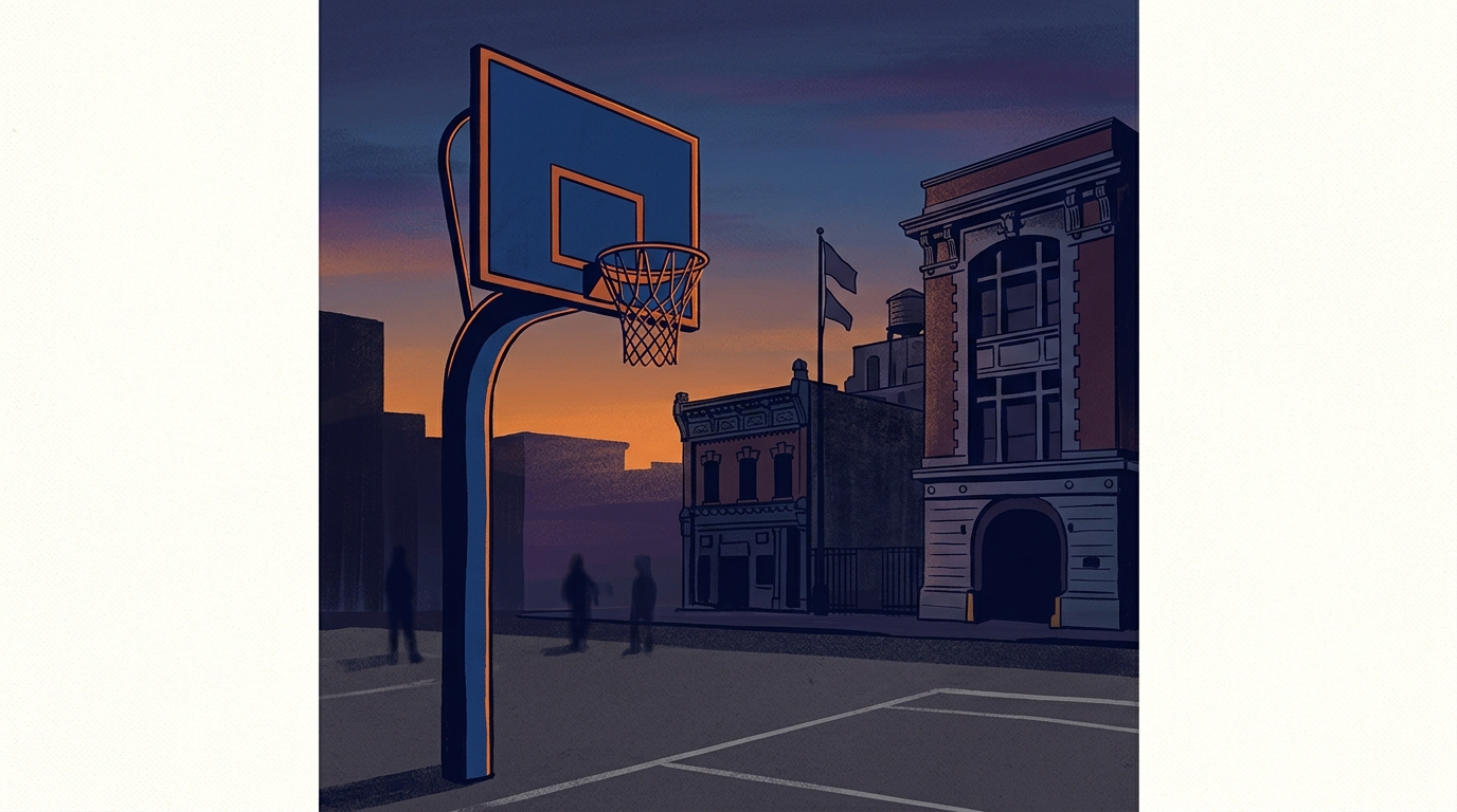 Conceptual art of a basketball hoop and a New York police building.