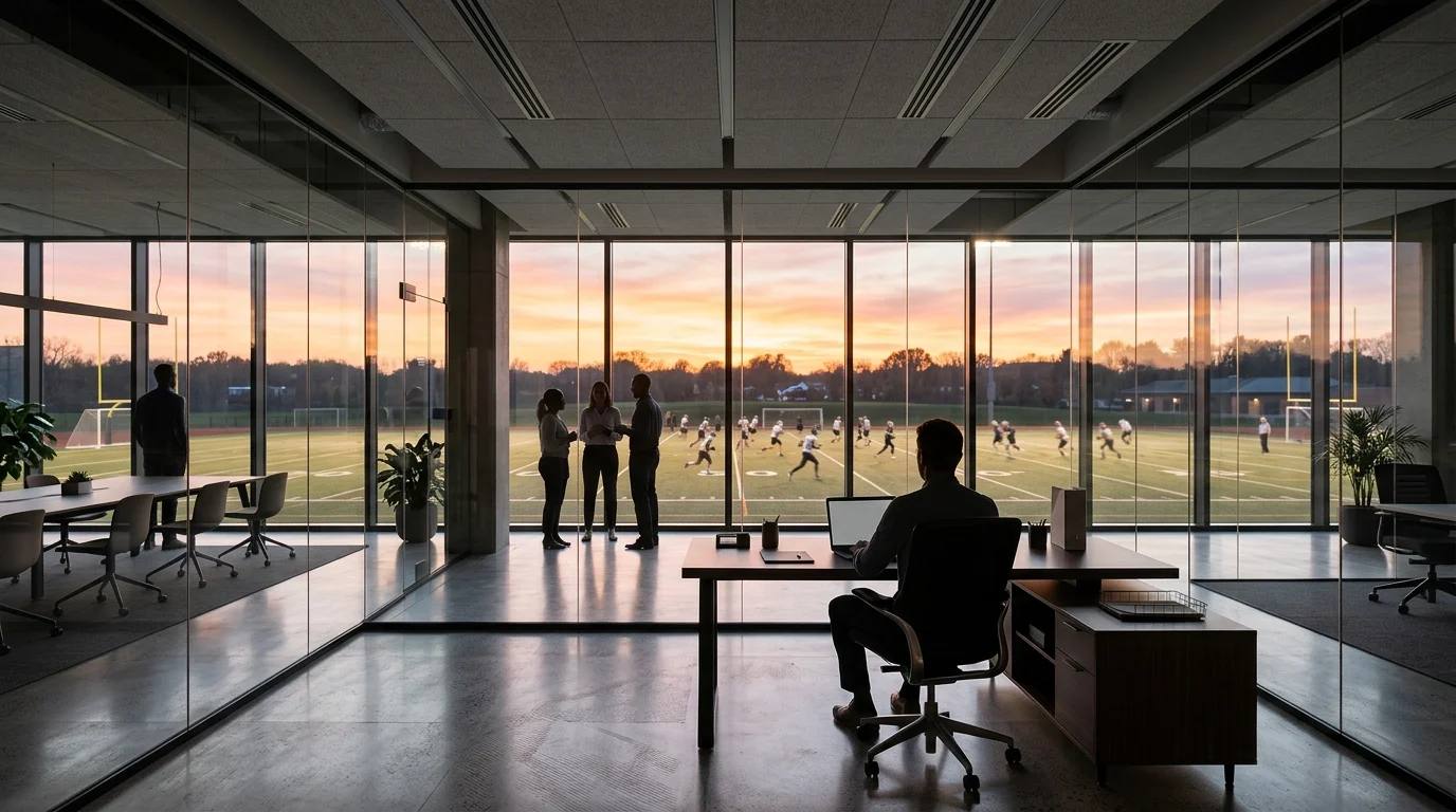 A modern corporate office overlooking a football field.