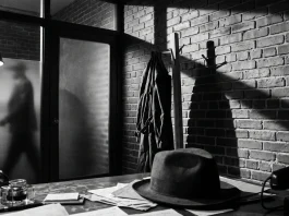 A conceptual 1930s noir detective office with a fedora and trench coat.