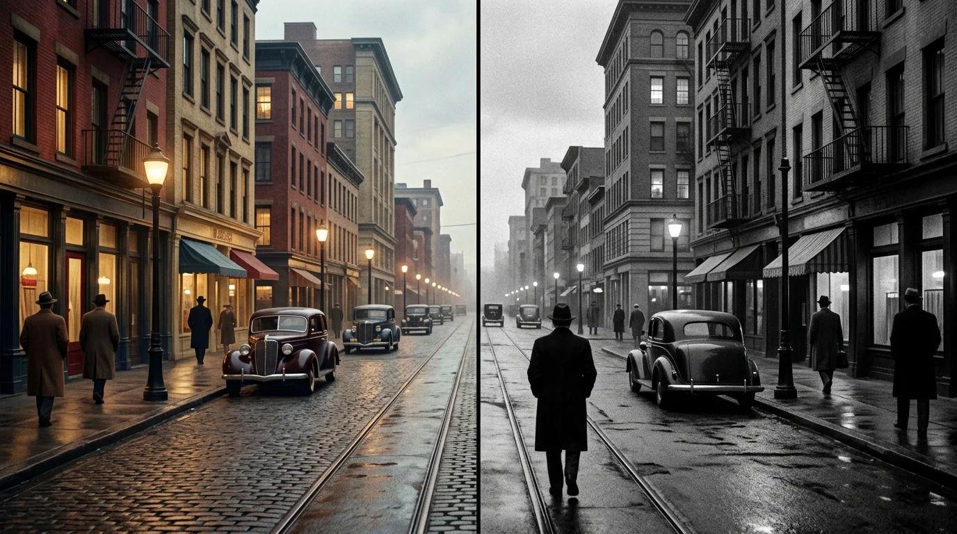 A split visual comparing color and black and white cinematic styles.