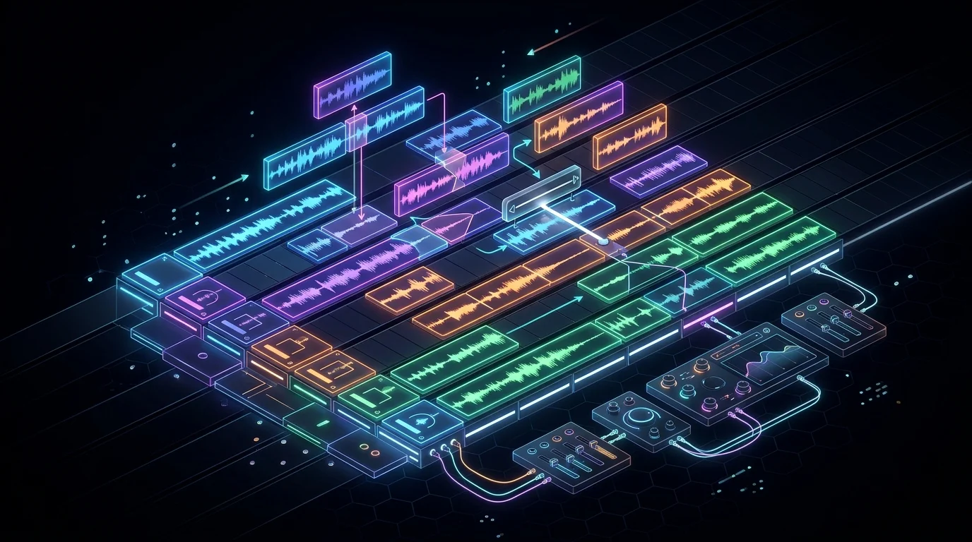 Abstract 3D digital audio blocks representing non-destructive editing layers.