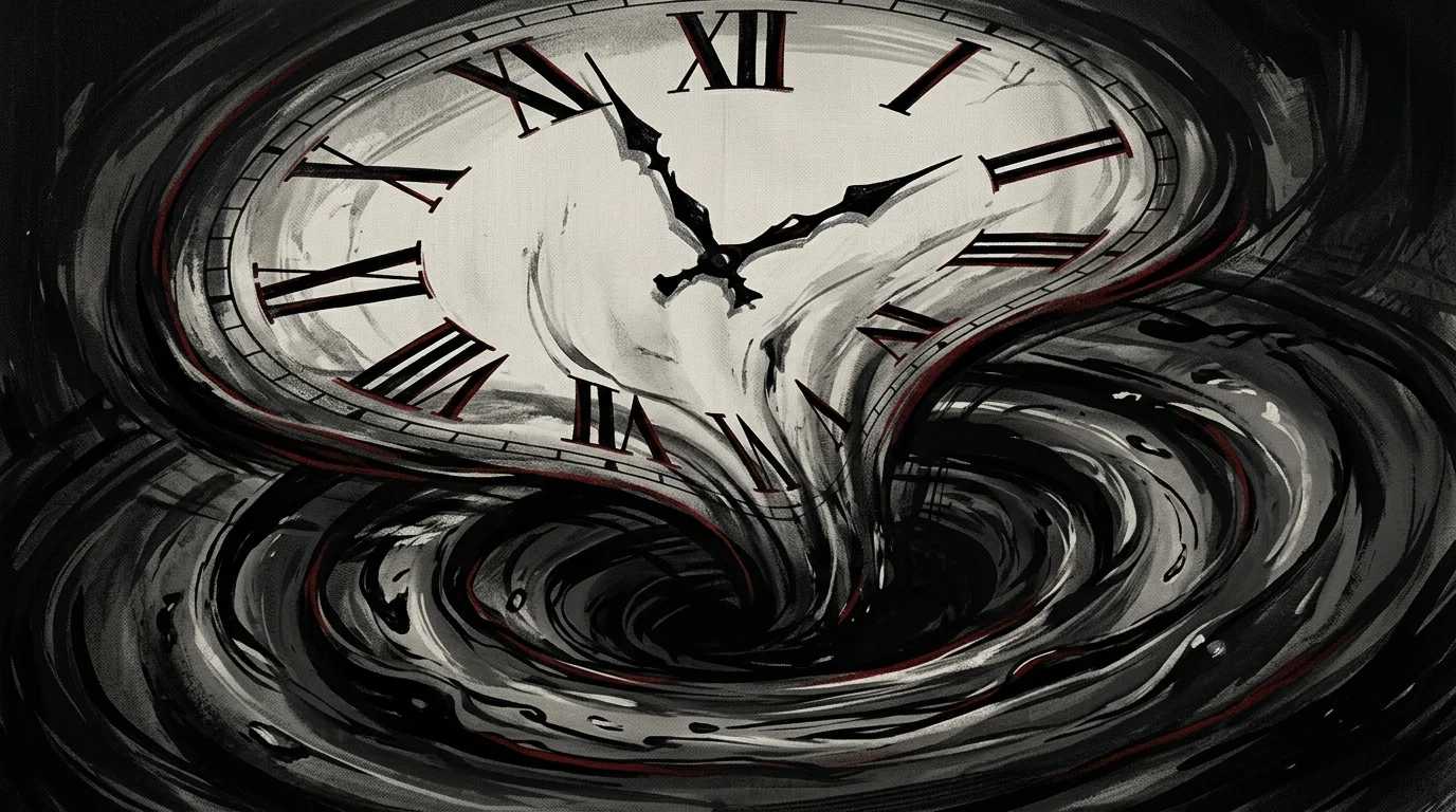 Abstract conceptual art depicting distorted time and dark water.