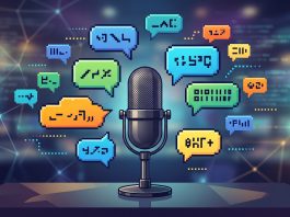 A conceptual illustration of a radio microphone with digital chat bubbles floating around it.