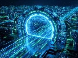 Conceptual visualization of a secure digital gateway for AI monitoring.