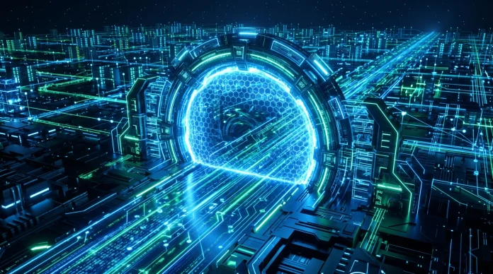 Conceptual visualization of a secure digital gateway for AI monitoring.