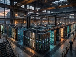 Conceptual visualization of an industrial-scale AI factory with glowing server nodes.