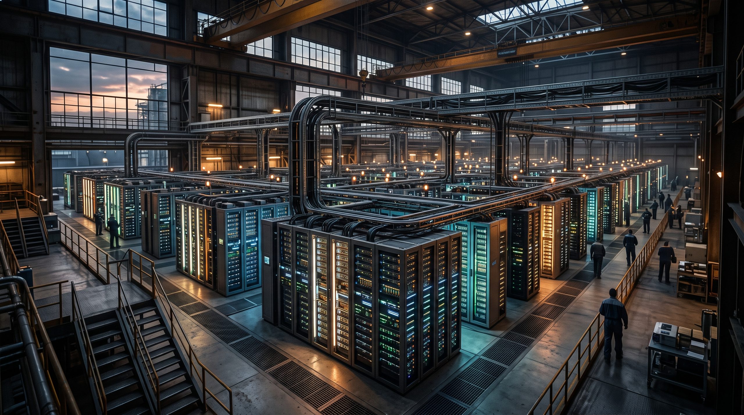nvidia-ai-factory-concept Conceptual visualization of an industrial-scale AI factory with glowing server nodes.