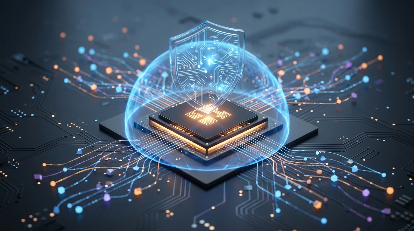 Conceptual visualization of on-device AI processing and data privacy.