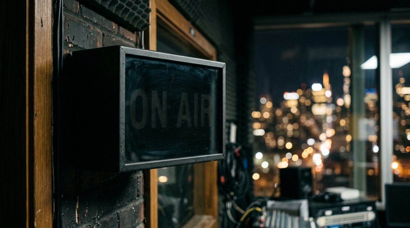A darkened studio broadcast sign representing the end of a shift.