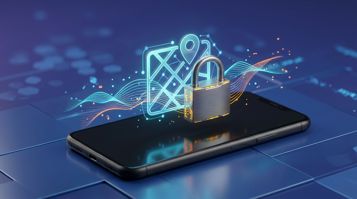 Conceptual render of a smartphone with a padlock over a map icon symbolizing local data storage.
