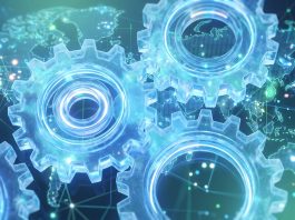 Abstract digital gears and containment symbols representing AI governance.