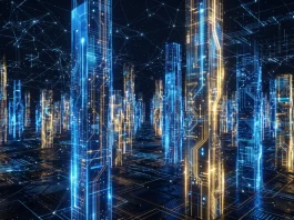 Abstract digital visualization of financial growth and data architecture.