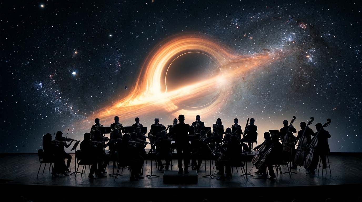 An orchestral silhouette against a cosmic event horizon backdrop.