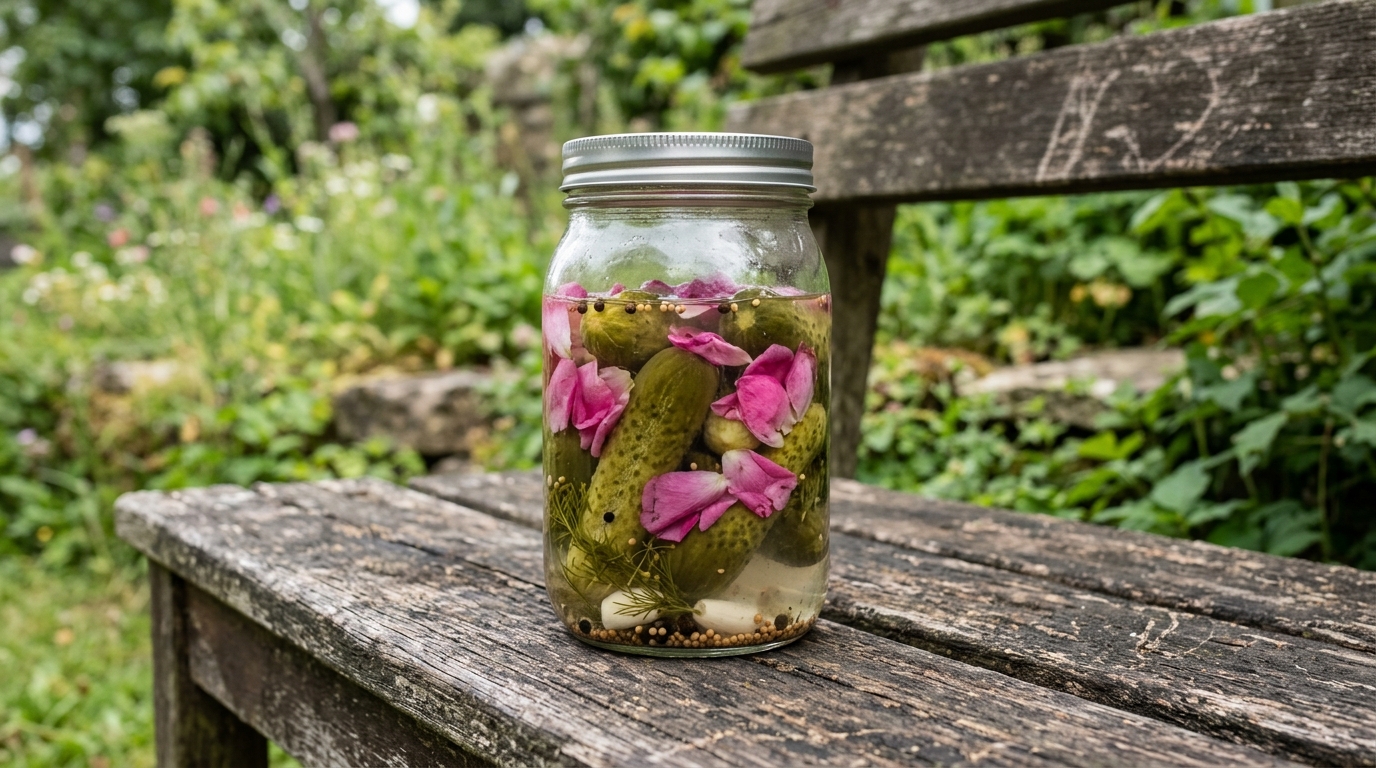 Artisanal pickles mixed with rose petals in a clear jar.