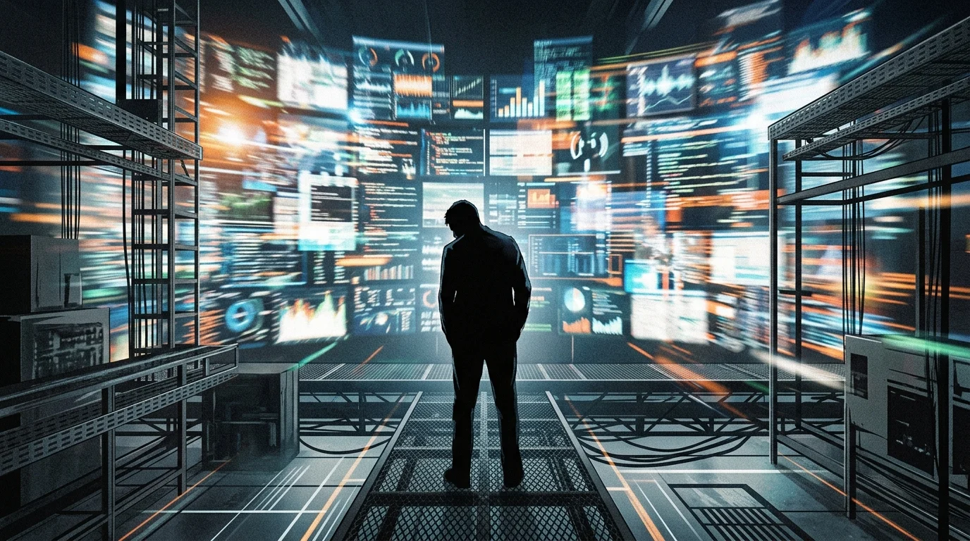 Conceptual illustration of a person facing a wall of digital noise and signals.
