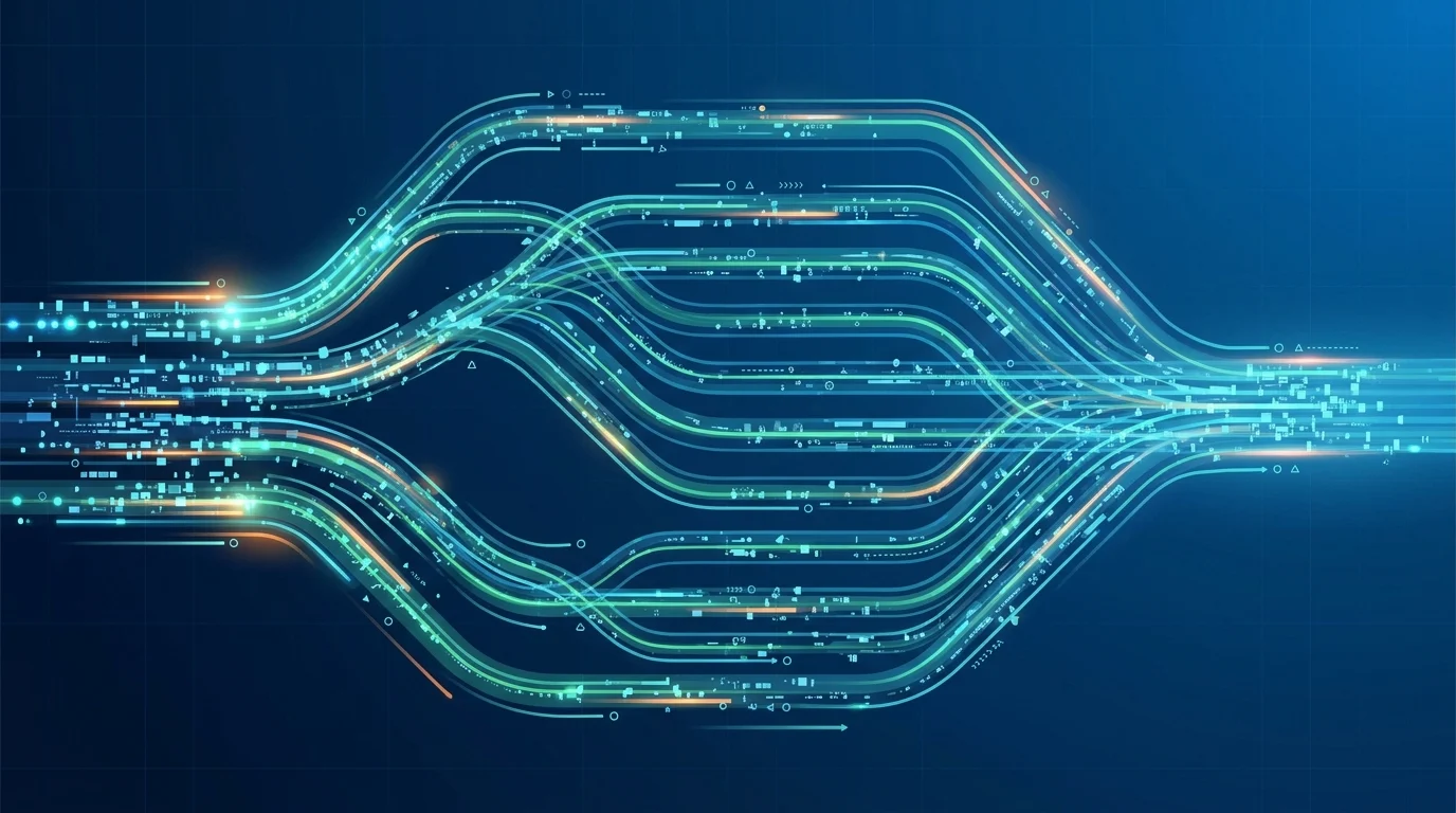 Abstract data streams splitting and merging to represent git branch orchestration.