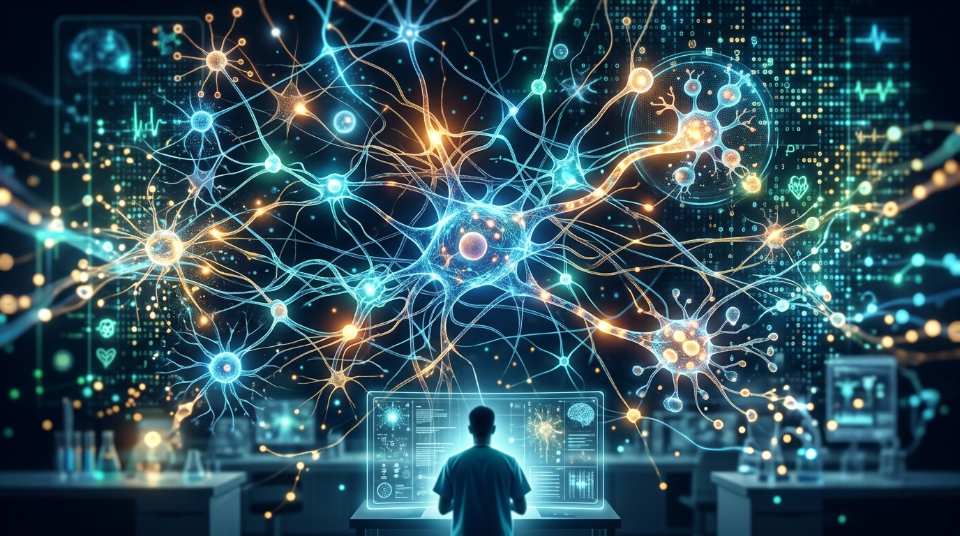 Conceptual scientific visualization of neural pathways and biological research.