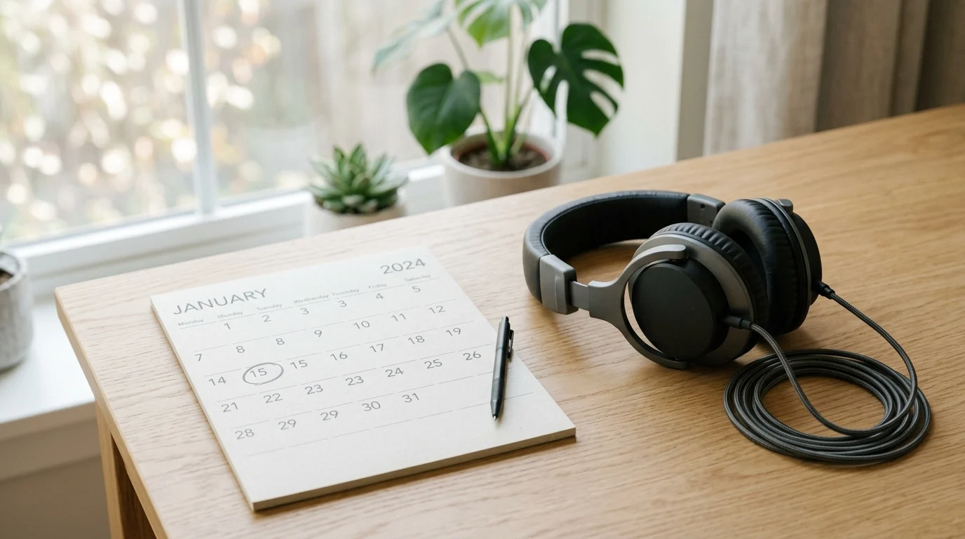 A calendar and headphones on a desk representing a scheduled return to work.