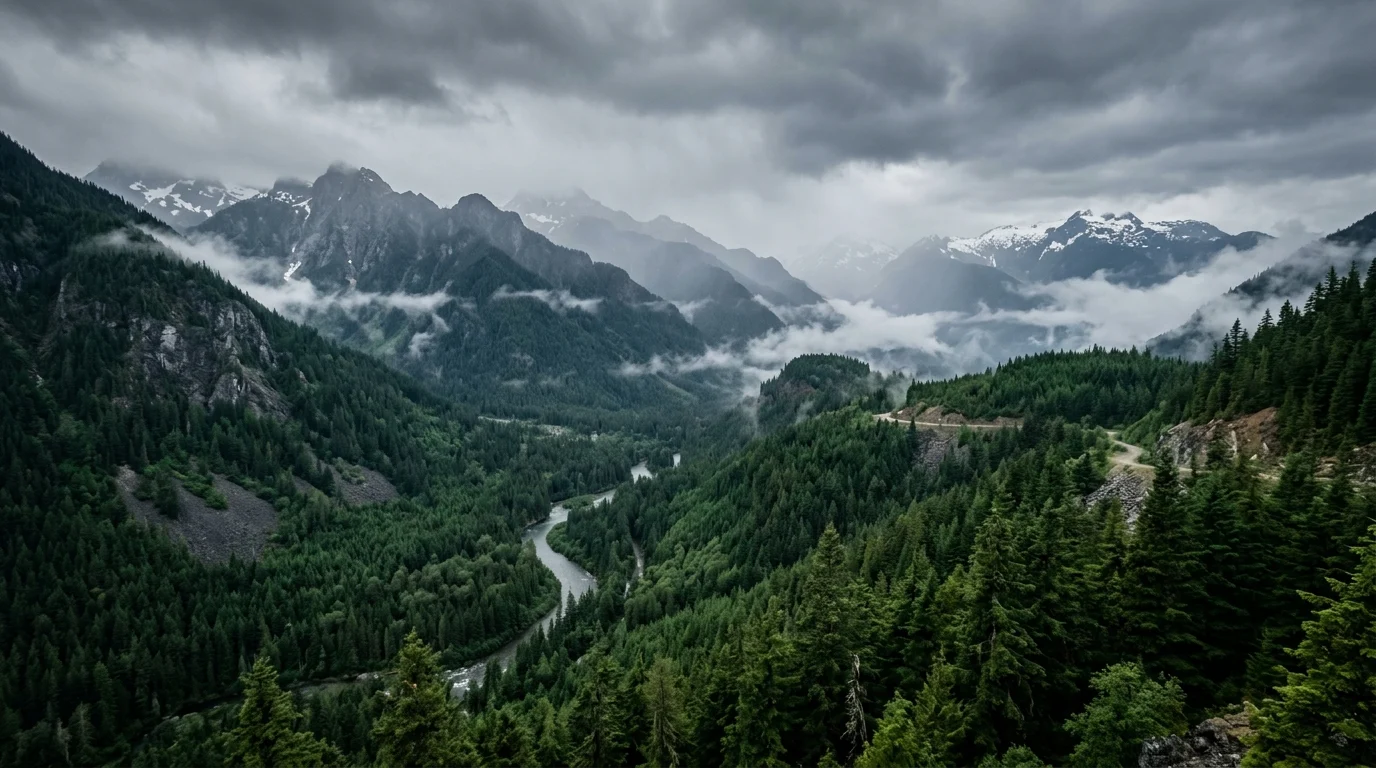 A misty forest in British Columbia representing the setting of Pierce County for the TV show .