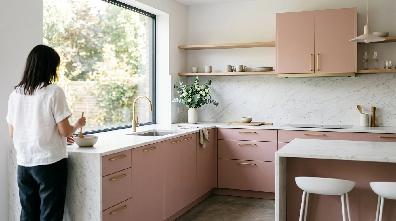 Conceptual image of a luxury kitchen with pink cabinets and marble surfaces.