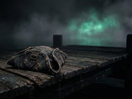 A weathered pirate hat sits on a dock with a ghostly green mist in the background.