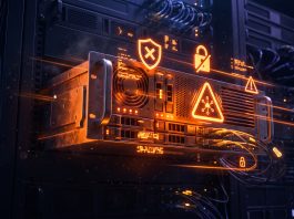 Conceptual image of a server rack with orange warning lights indicating a security vulnerability.