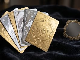 Conceptual image of premium trading cards and a price tag on a dark surface.