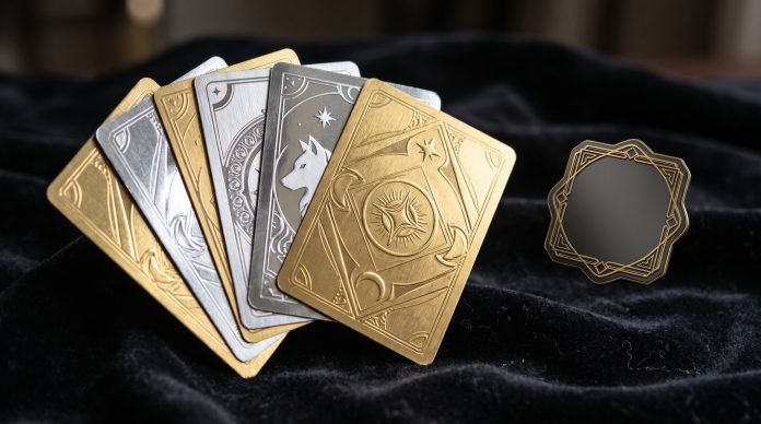 Conceptual image of premium trading cards and a price tag on a dark surface.