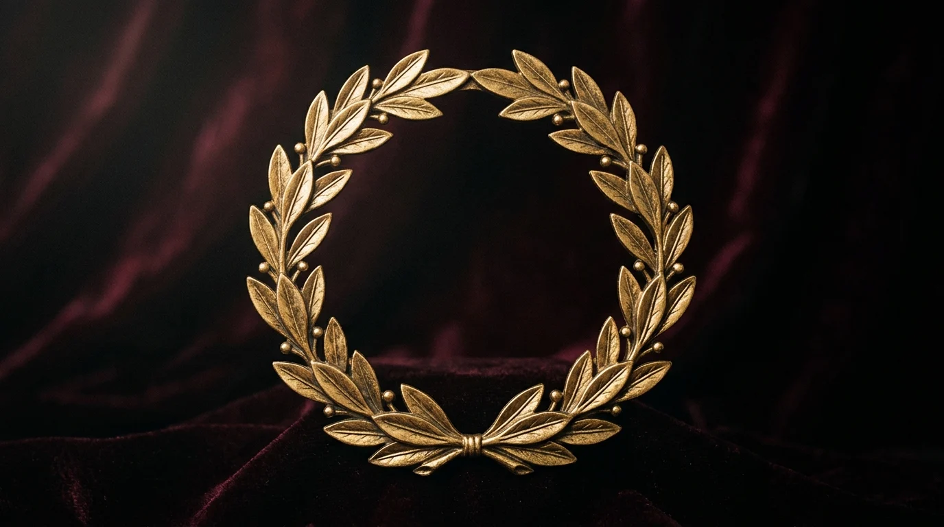A gold laurel wreath against a dark background.