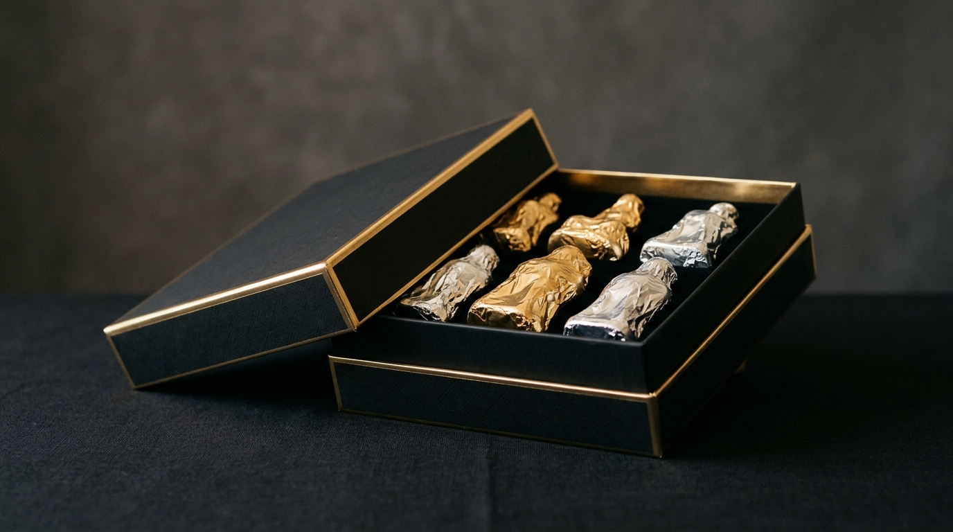 A conceptual black and gold collector box being opened.