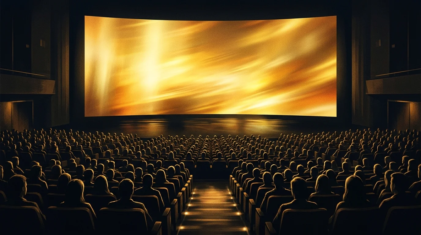 A conceptual view of a glowing cinema screen in a dark theater.