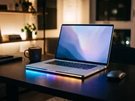 A premium laptop with a glowing status light bar on a dark desk.