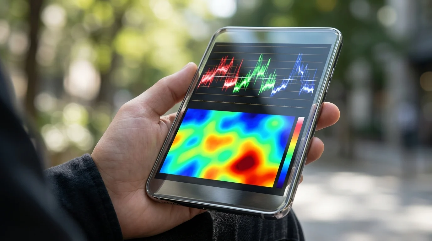 Conceptual visualization of professional video monitoring tools including waveforms and false color.