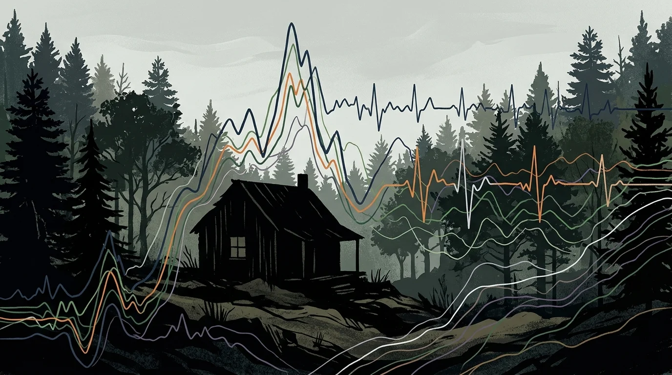 Abstract graphic of a cabin and psychological brain wave lines