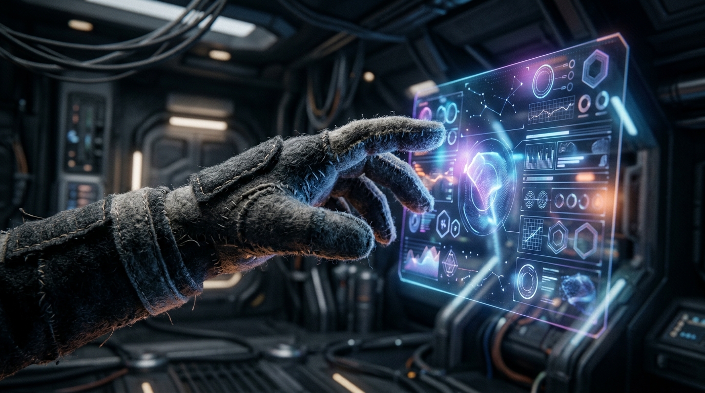 Conceptual art of a puppet interacting with sci-fi technology.