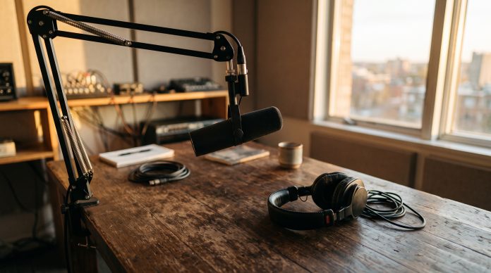 A professional studio microphone and headphones on a desk in warm light.