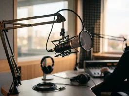 A professional radio broadcasting microphone in a studio setting.