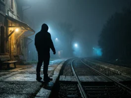 Silhouette of a tall man at a remote train station under dim lights.