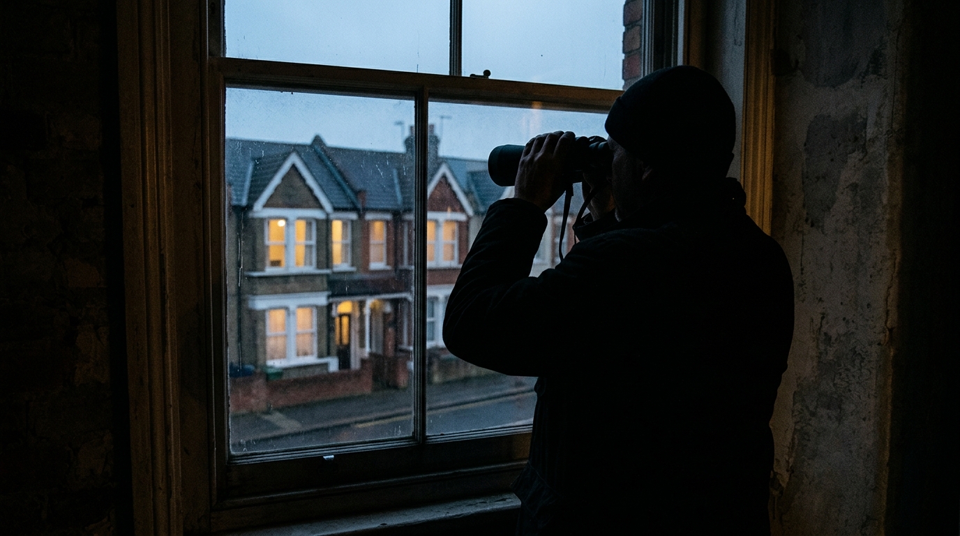 Netflix's Scope Reimagines Rear Window With a Military Tactical Twist 1 A silhouette of a person observing a neighborhood through binoculars.