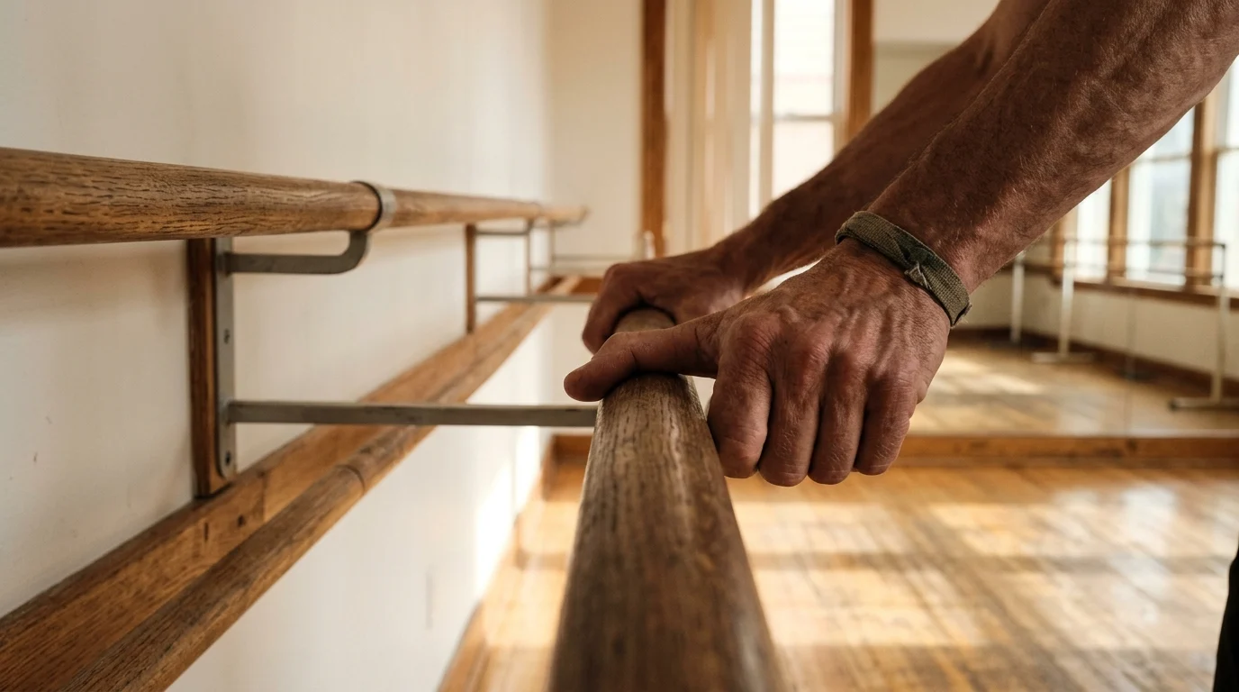 Hands gripping a studio barre during physical training.
