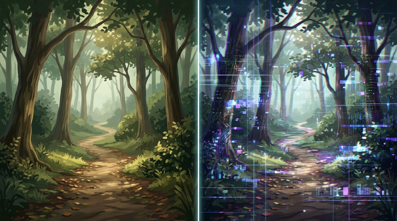 Abstract comparison of smooth gameplay and glitched digital effects.