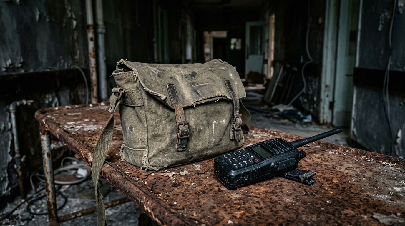 A medical courier bag and radio in a dark, derelict hospital hallway.