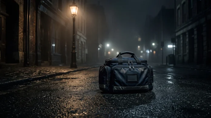 A conceptual image of a medical bag on a dark city street, representing the film's protagonist.