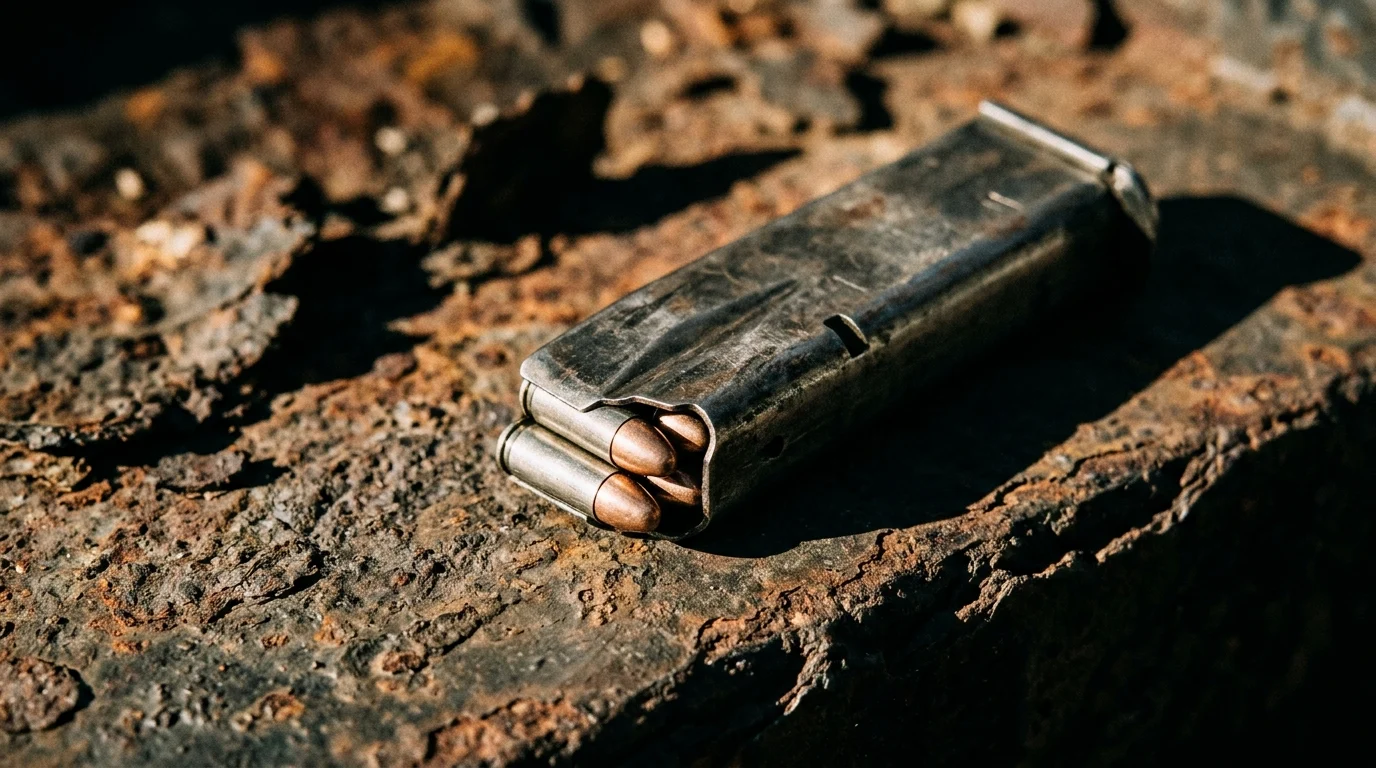 A close-up of a handgun magazine with limited ammunition.