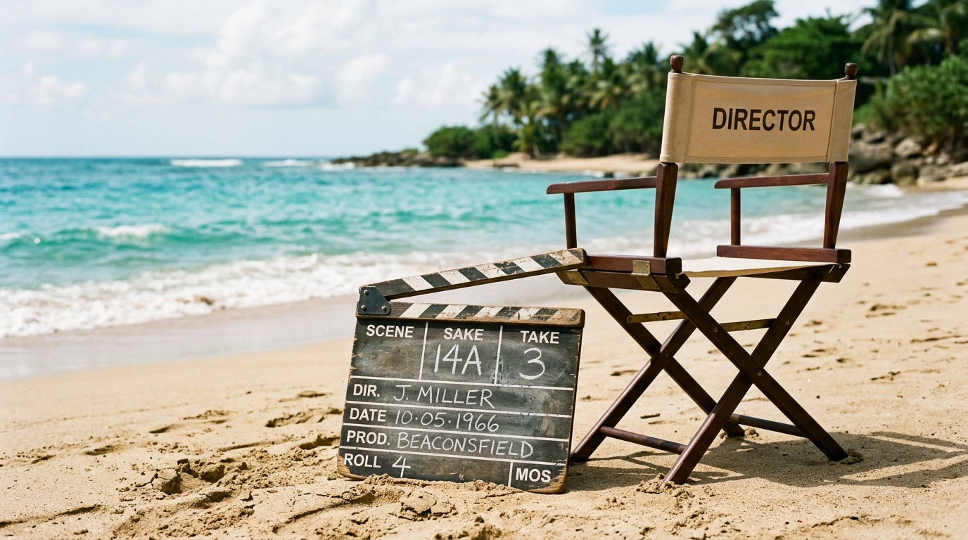 Conceptual image of a 1960s film set on a beach.