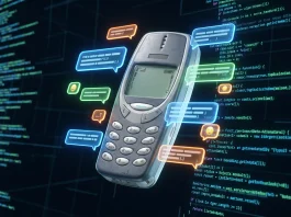 A 3D conceptual rendering of a retro mobile phone with digital chat elements.