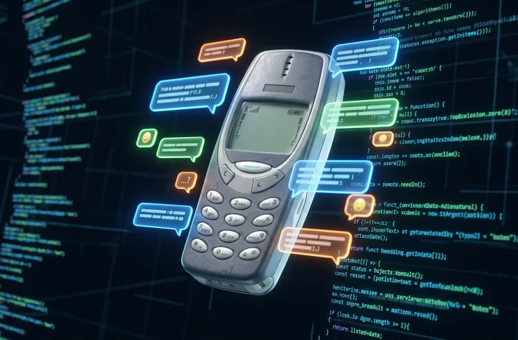 A 3D conceptual rendering of a retro mobile phone with digital chat elements.