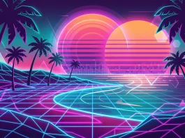 Conceptual retro-style tropical sunset with neon aesthetic.