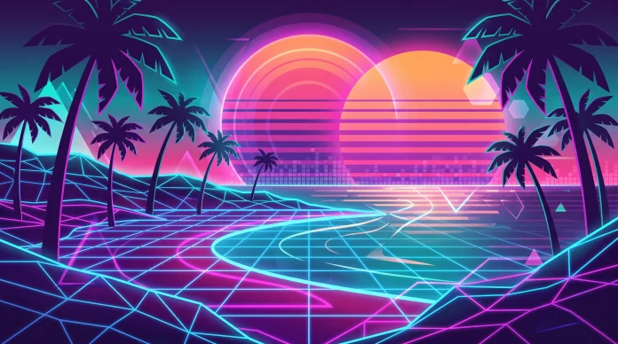 Conceptual retro-style tropical sunset with neon aesthetic.