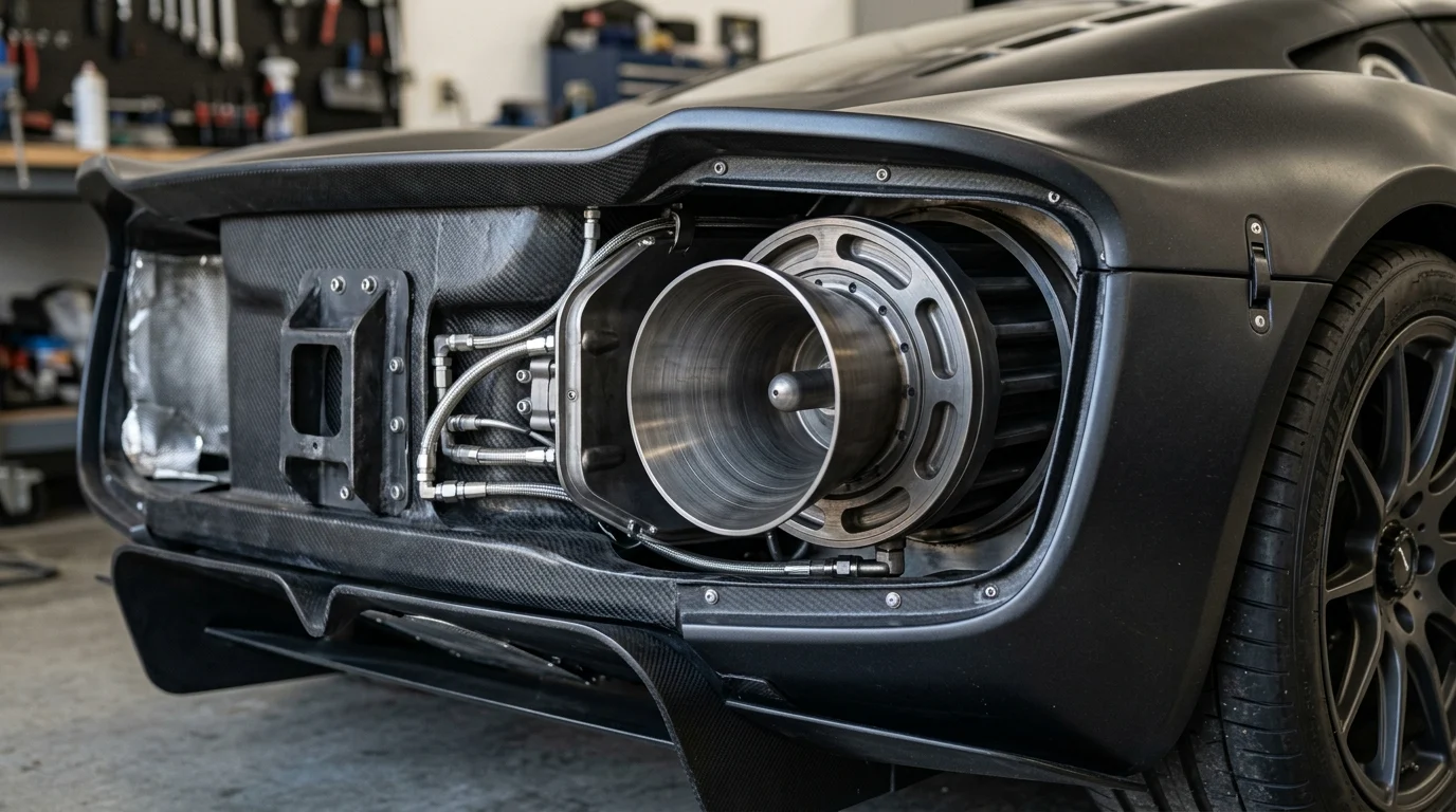 Technical conceptual view of aerospace-inspired thruster systems on a vehicle.
